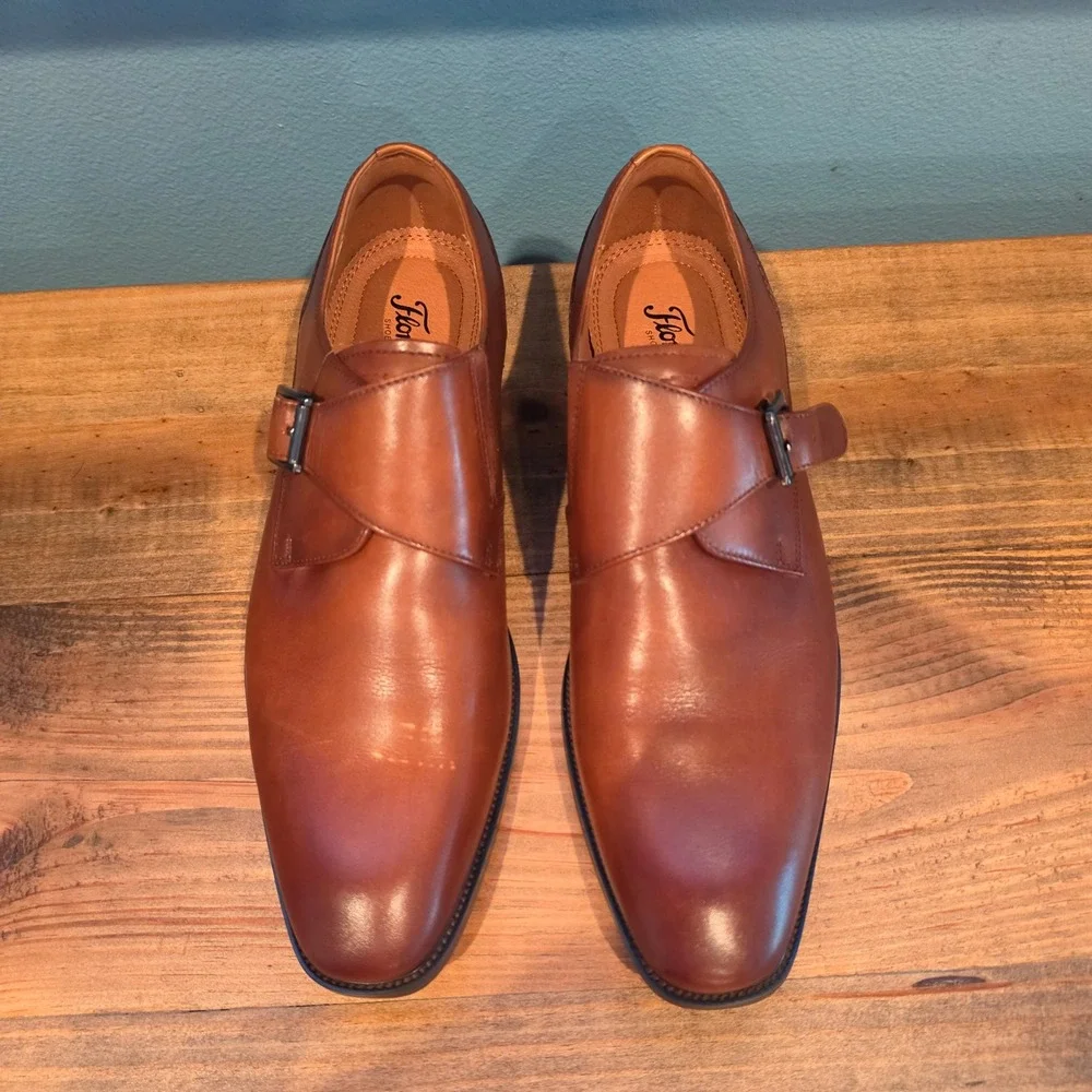 Florsheim Mens Monk Strap Dress Shoes Cognac Brown Leather 14293-221 Size 10